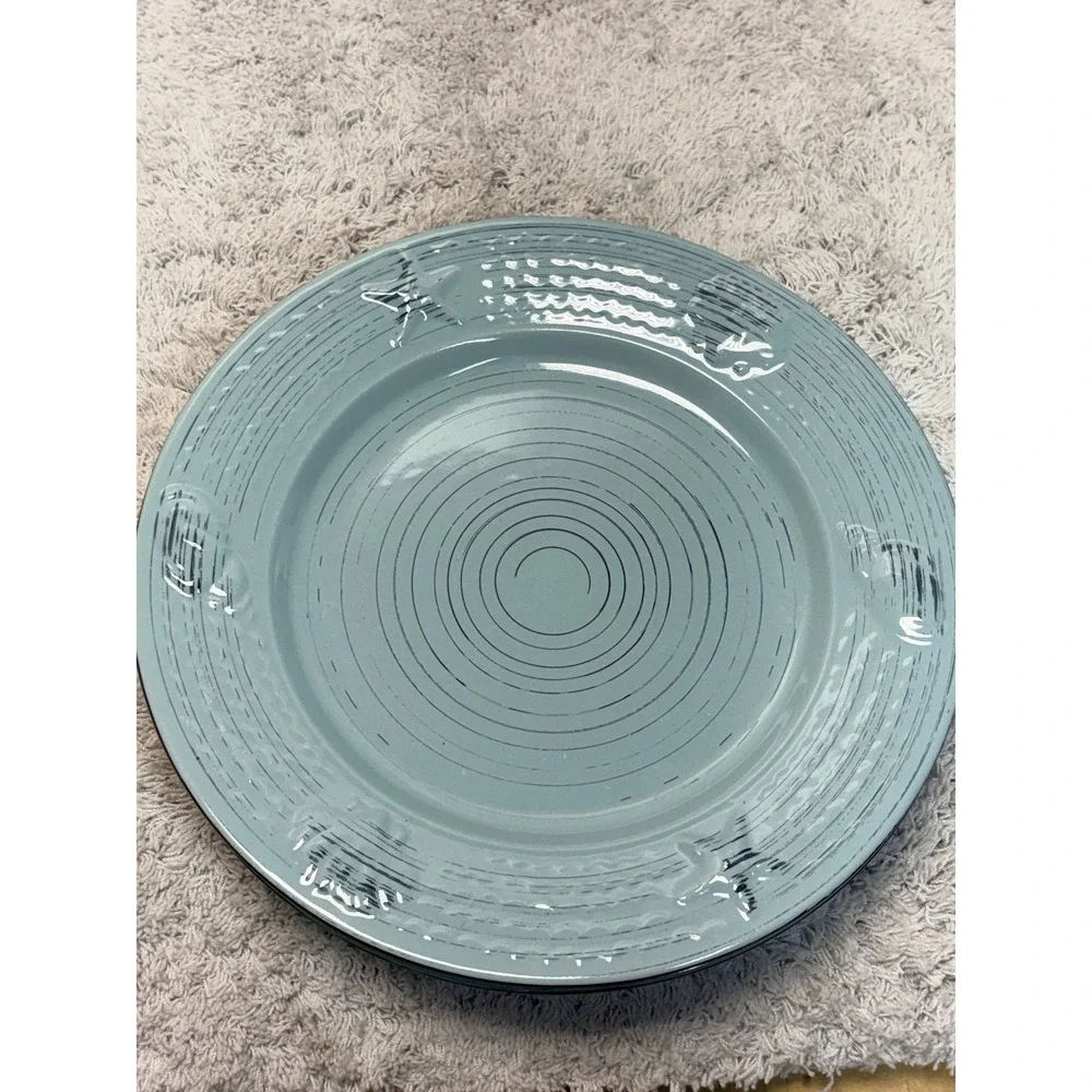 Pfaltzgraff Trellis Coastal Teal Dinner Plates Set of 4 Starfish Shells 11 inch